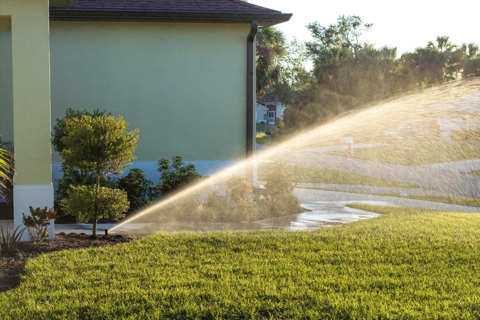 Sprinkler watering a green lawn in a sunny backyard.