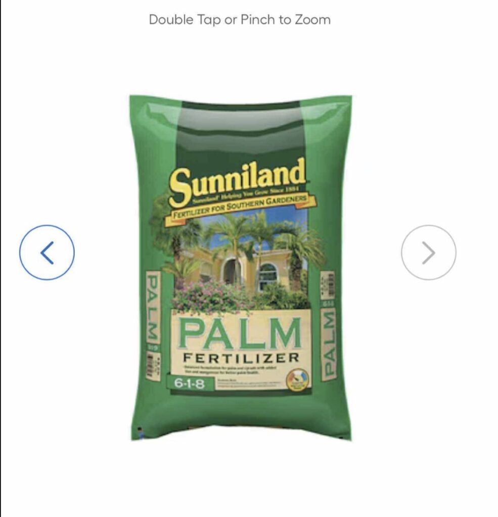 Bag of Sunniland Palm Fertilizer for plant nutrition.