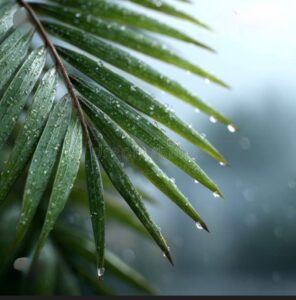 Close-up of a green palm leaf with water droplets.