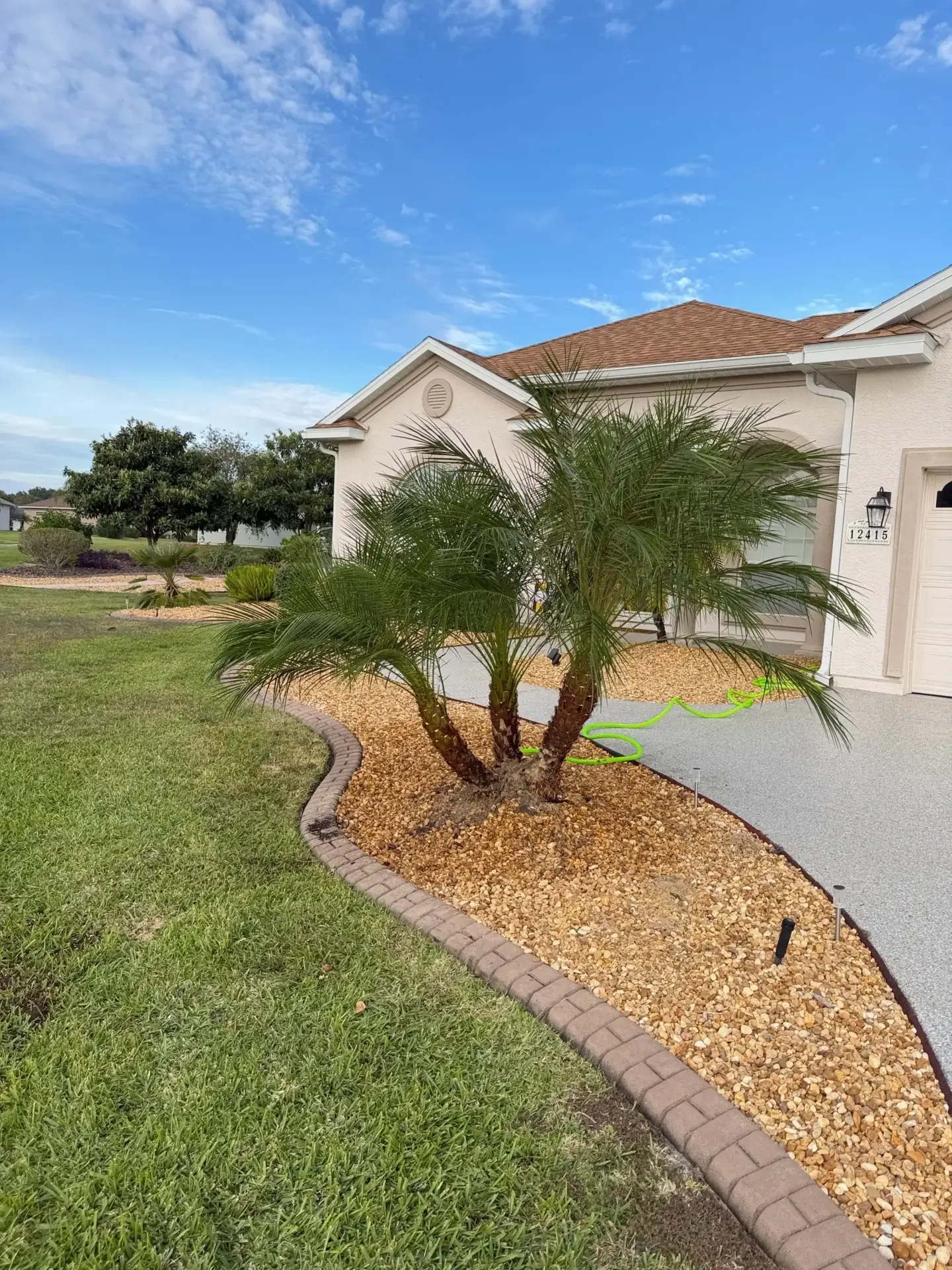 Palm trees and landscaped garden with mulch in front of a house.