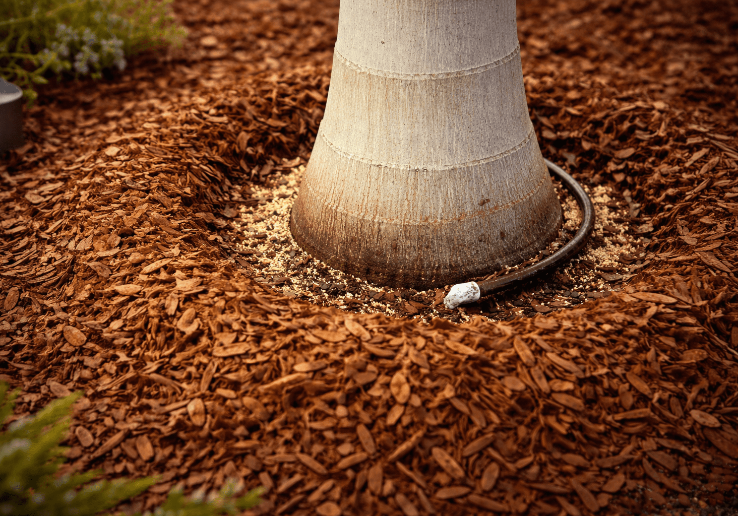 Palm tree base with drip irrigation tubing