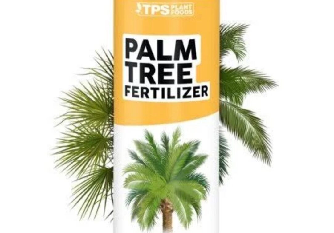 Bottle of palm tree fertilizer with palm graphic