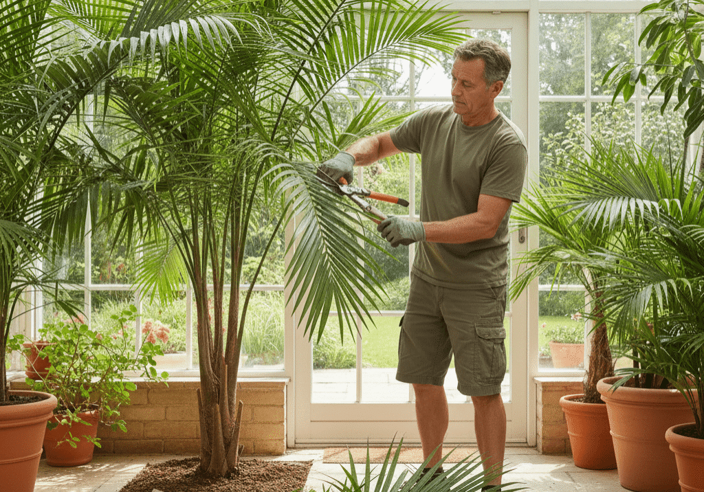 Man pruning potted palms in conservatory